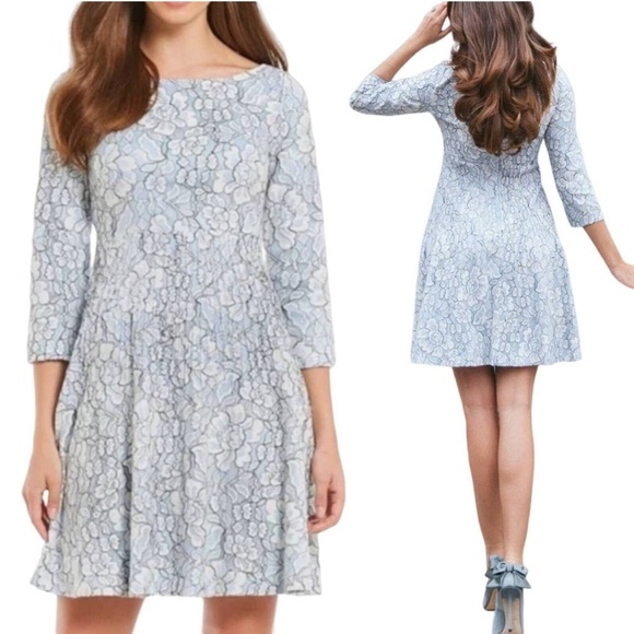 Eliza J Light Blue Floral 3/4 Sleeve fit & flare micro pleated waist Dress sz 4 - Picture 2 of 14